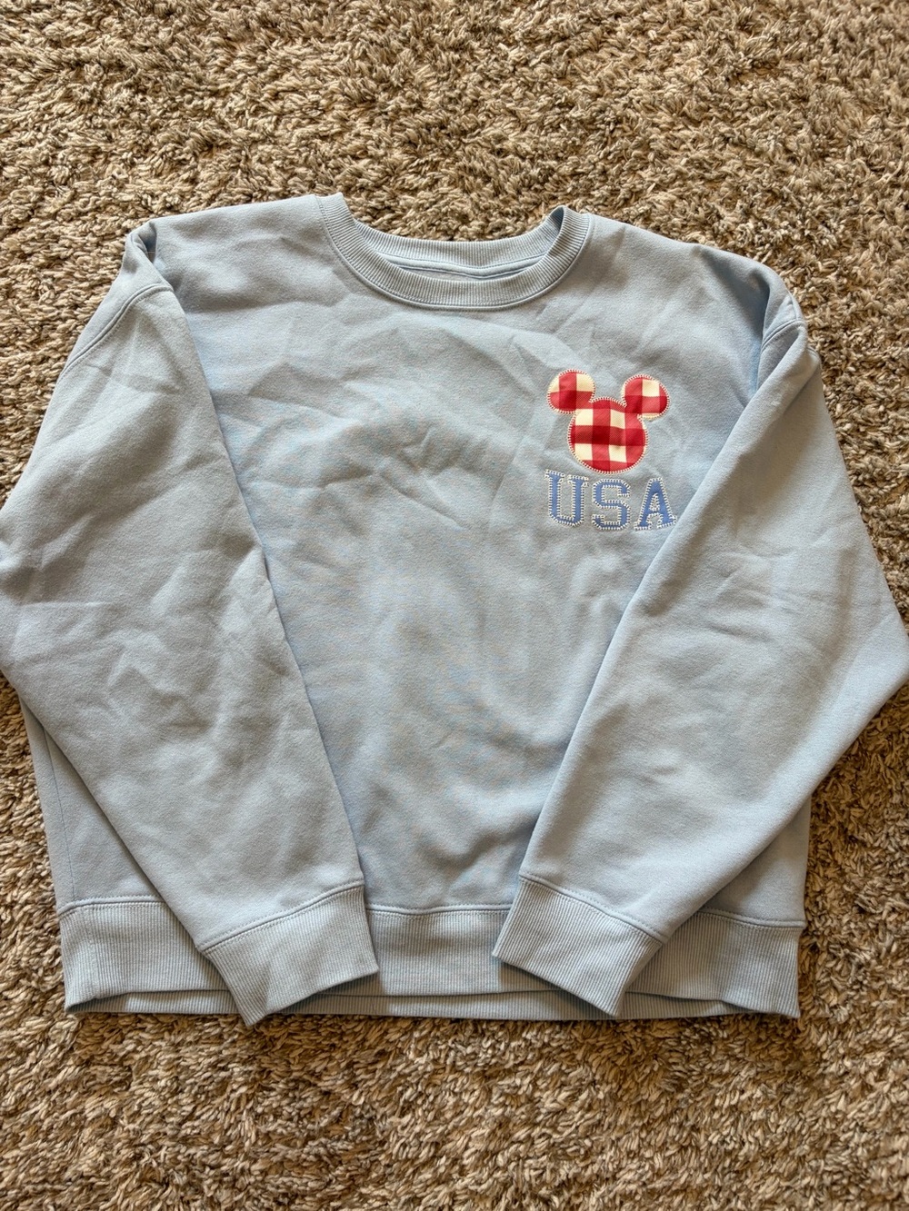Women’s small Light Blue USA Sweatshirt with Red Plaid Mickey Accent